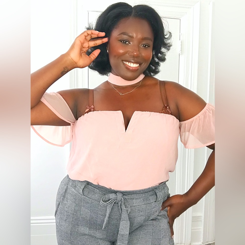 Powder Pink Off The Shoulder Top With Slit Front Lightweight Top With NeckTie